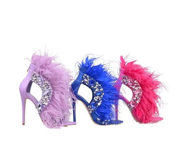Women Fashion Bling Faux Fur High Heel Sandals