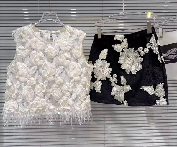 Women Floral Sleeveless Fringe Two Piece Velour Skirt Set