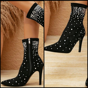 Women Black Suede Bling Rhinestone High Heel Ankle Boots