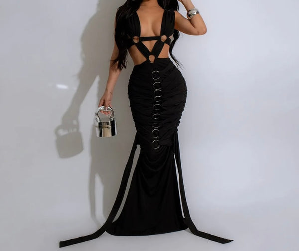 Women Sexy Sleeveless Mesh Lace Up Open Back Maxi Dress