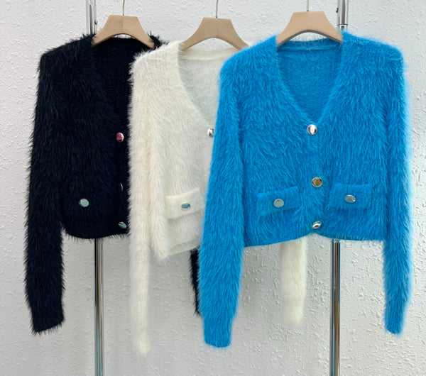 Women Color Button Up Furry Fashion Sweater Top