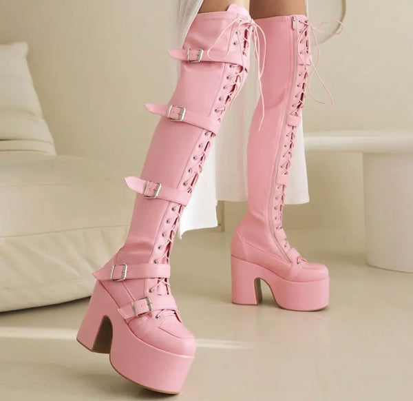 Women Fashion Over The Knee Lace Up Buckled Platform Boots