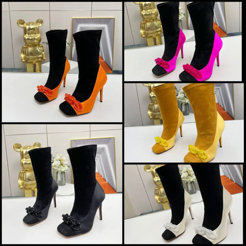 Women Fashion Square Toe Color Patchwork Ankle Boots