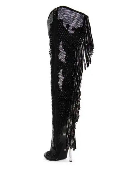 Women Fashion Bling Tassel Knee High Western High Heel Boots