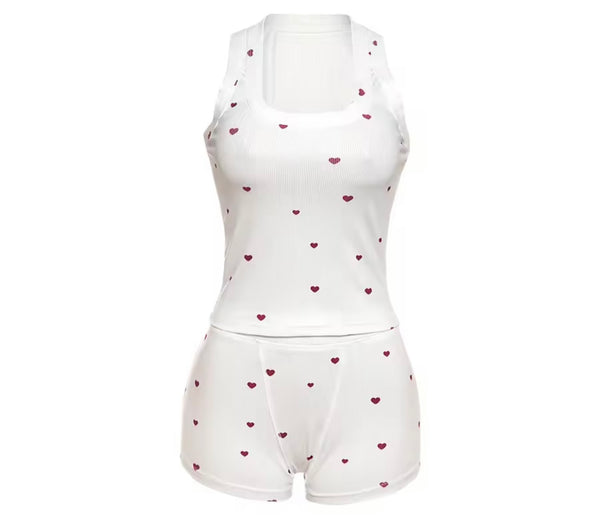 Women Sleeveless Ribbed Heart Print Lingerie Set