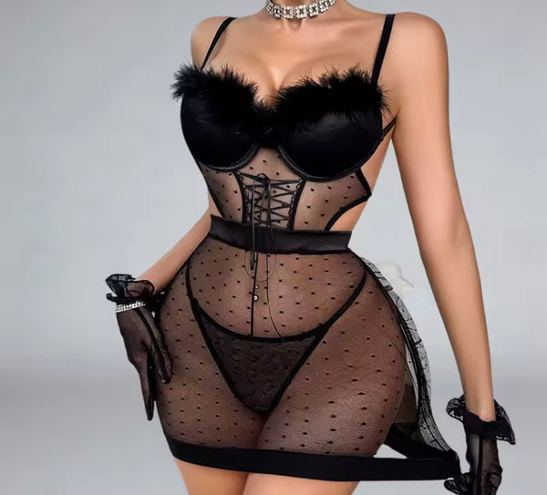 Women Sexy Black Polka Dot Feather Open Back Nightgown Lingerie Set