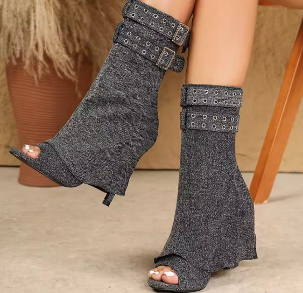 Women Fashion Open Toe Buckled High Heel Ankle Boots