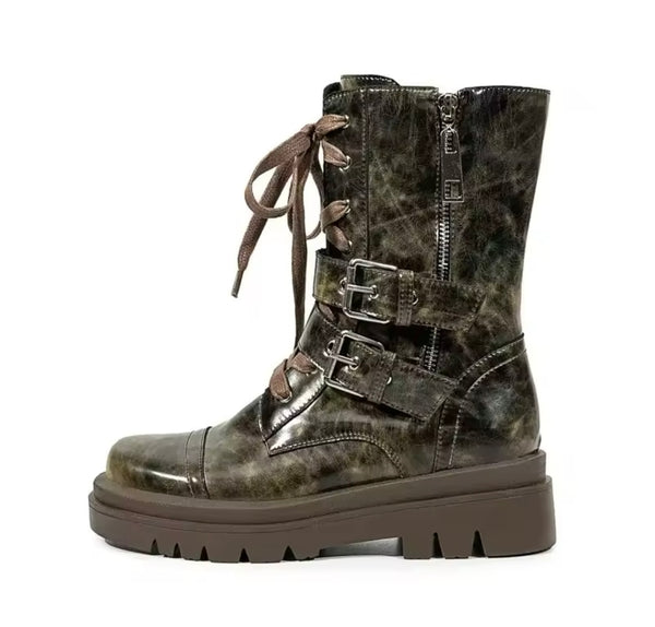 Women Color Buckled Lace Up Fashion Flat Boots