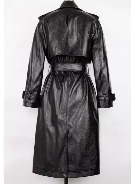 Women Fashion Black Button Up Faux Leather Trench Jacket