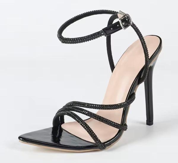 Women Fashion Black Bling High Heel Ankle Strap Sandals