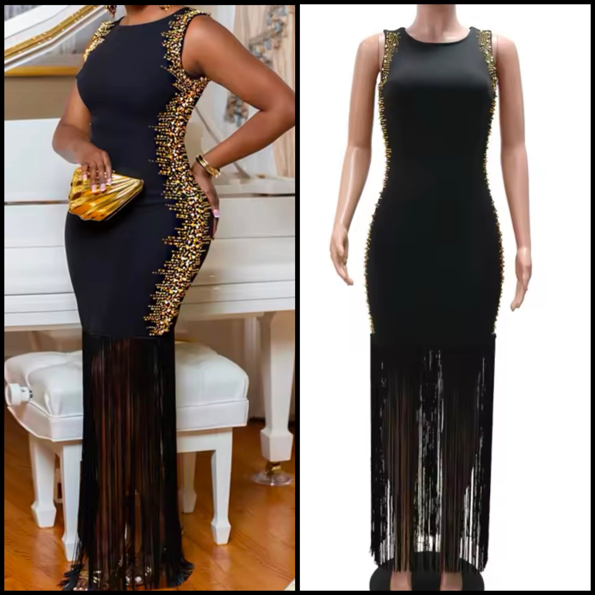 Women Black Beaded Sleeveless Fringe Maxi Dress