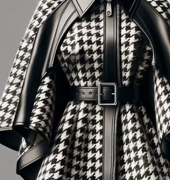 Women Fashion B&W Buckled Houndstooth Jacket