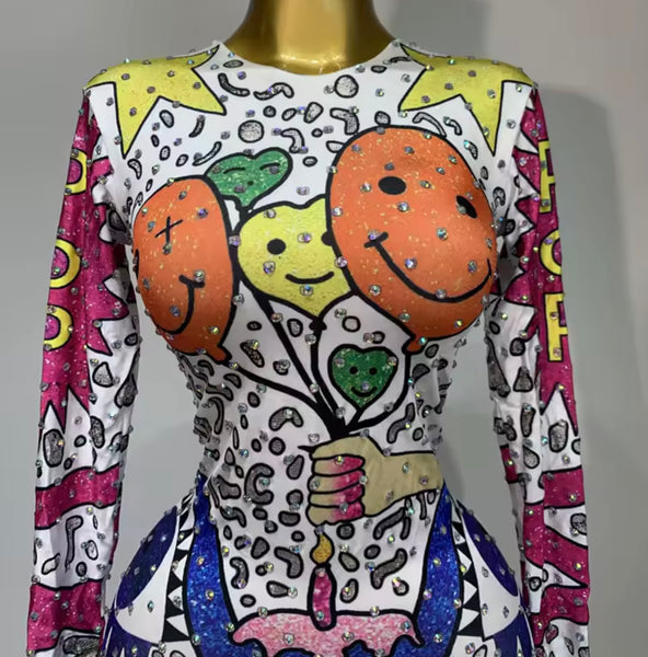 Women White Printed Rhinestone Full Sleeve Fashion Jumpsuit