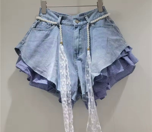 Women Fashion Plaid Ruffle Color Denim Shorts