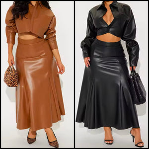 Women Sexy Faux Leather Button Up Full Sleeve Two Piece Maxi Skirt Set