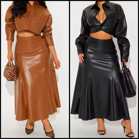 Women Sexy Faux Leather Button Up Full Sleeve Two Piece Maxi Skirt Set