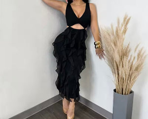 Women Solid Color Sleeveless Cut Out Ruffled Dress