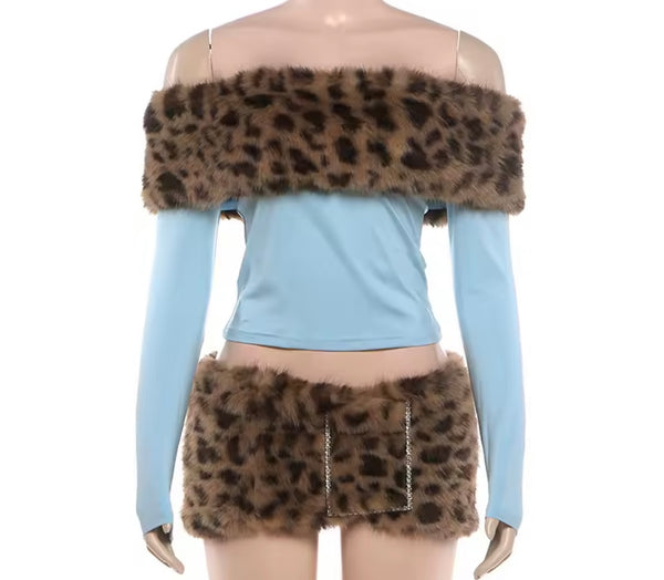Women Leopard Faux Fur Full Sleeve Two Piece Buckle Skirt Set