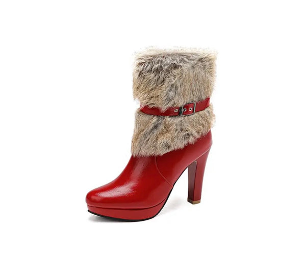 Women Fashion Round Toe Faux Leather Fur Buckled Ankle Boots