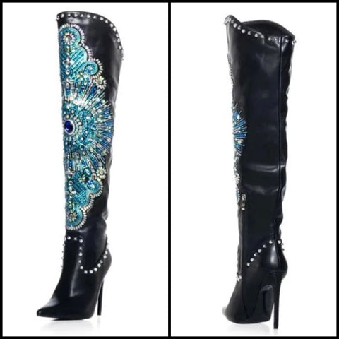 Women Fashion Bling Crystal Faux Leather Knee High Boots