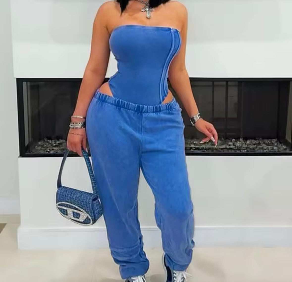 Women Strapless Color Bodysuit Two Piece Fashion Pant Set