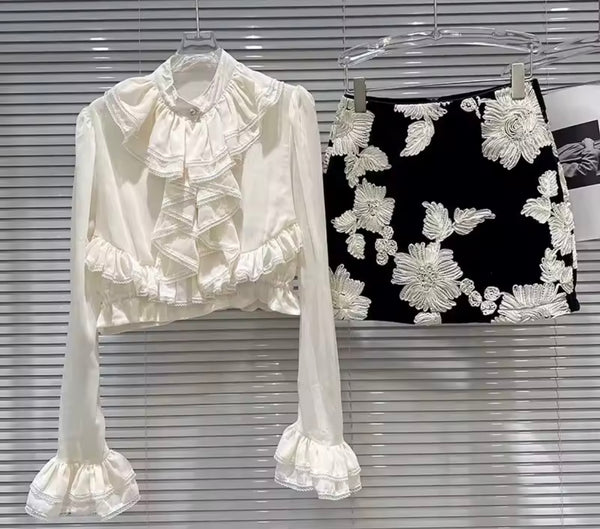 Women Button Up Ruffled Full Sleeve Two Piece B&W Skirt Set