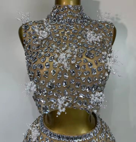 Women Pearl Rhinestone Mesh Sleeveless Sexy Two Piece Skirt Set