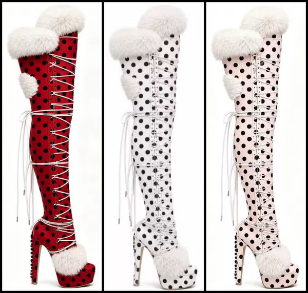 Women Fur Polka Dot Lace Up Over The Knee Platform High Heel Boots