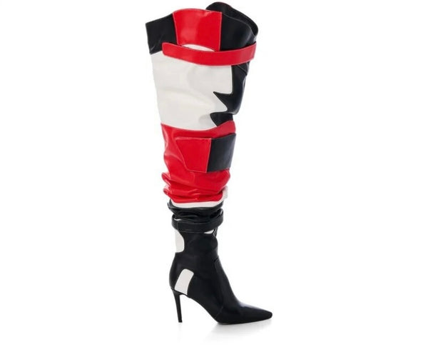 Women Color Patchwork Fashion Faux Leather Over The Knee High Heel Boots