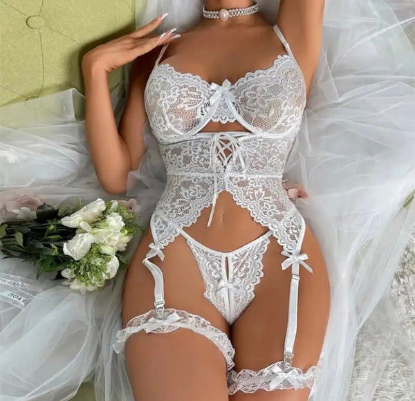 Women Sexy Solid Color Choker Lace Lingerie Set