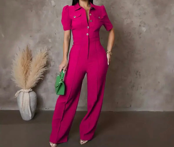 Women Color Button Up Short Sleeve Fashion Jumpsuit