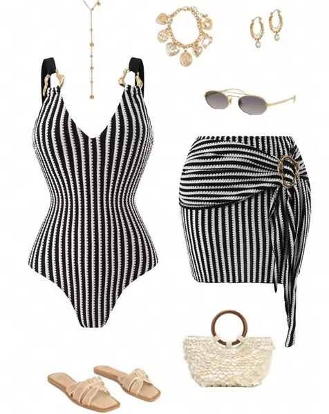 Women Sexy Striped Swimsuit Cover Up Set