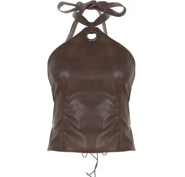 Women Halter Sleeveless Brown Faux Leather Crop Top