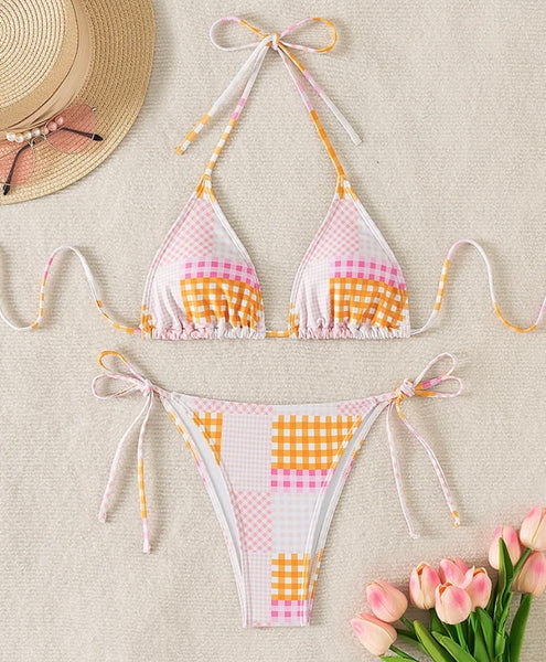 Women Sexy Tie Up Plaid Bikini Swimsuit