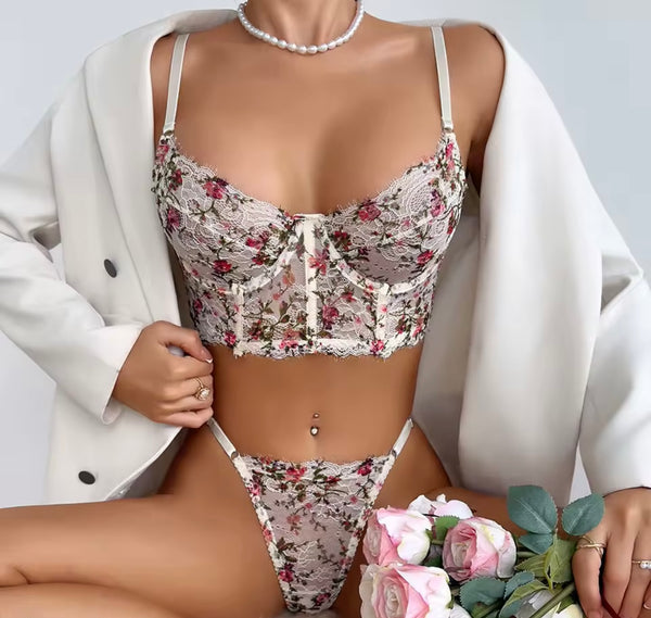 Women Sexy White Floral Lace Mesh Lingerie Set
