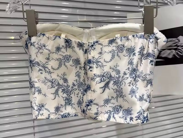 Women White Strapless Blue Floral Two Piece Maxi Skirt Set