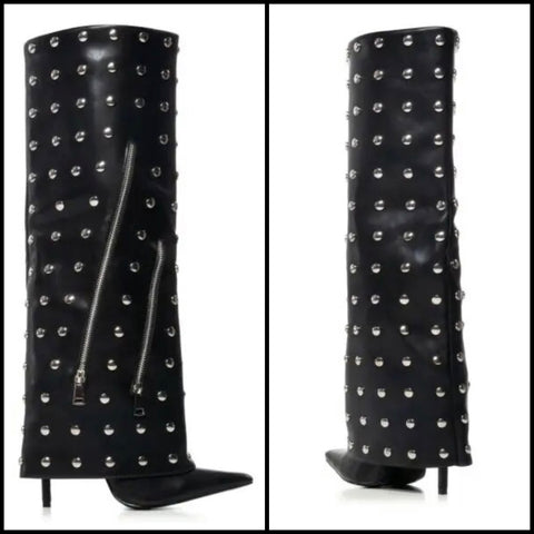 Women Black Rivet Zipper Faux Leather Knee High Boots