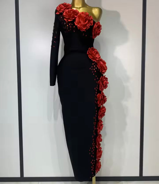 Women Black Sexy One Shoulder Full Sleeve 3D Floral Rhinestone Maxi Dress