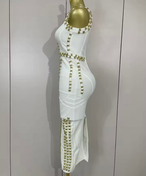 Women White Sleeveless Gold Metal Sexy Maxi Dress