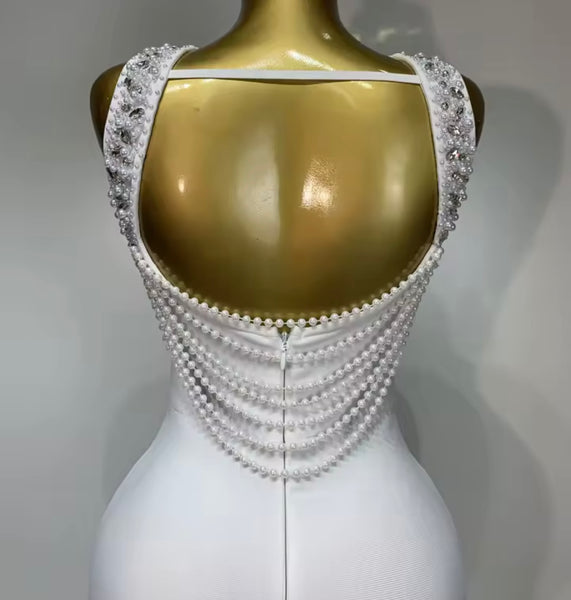 Women Sexy Rhinestones Pearl Open Back Maxi Dress