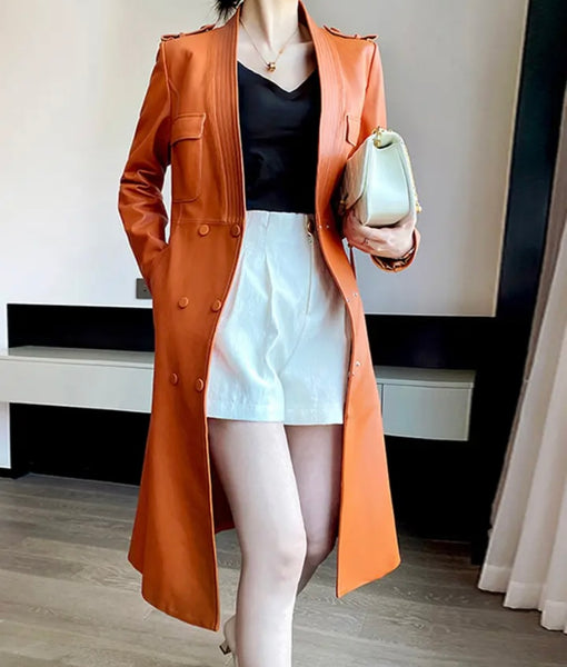 Women Fashion Color Faux Leather Belted Trench Jacket