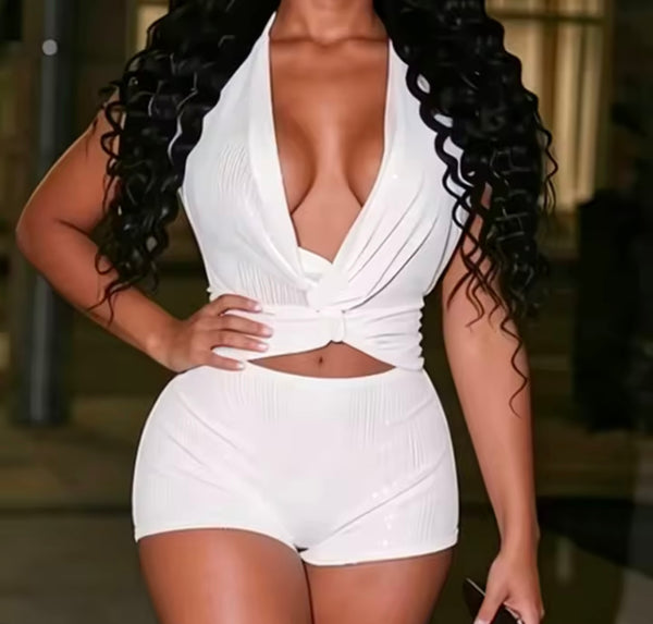 Women Sexy Sequins Halter Open Back Sleeveless Two Piece Short Set