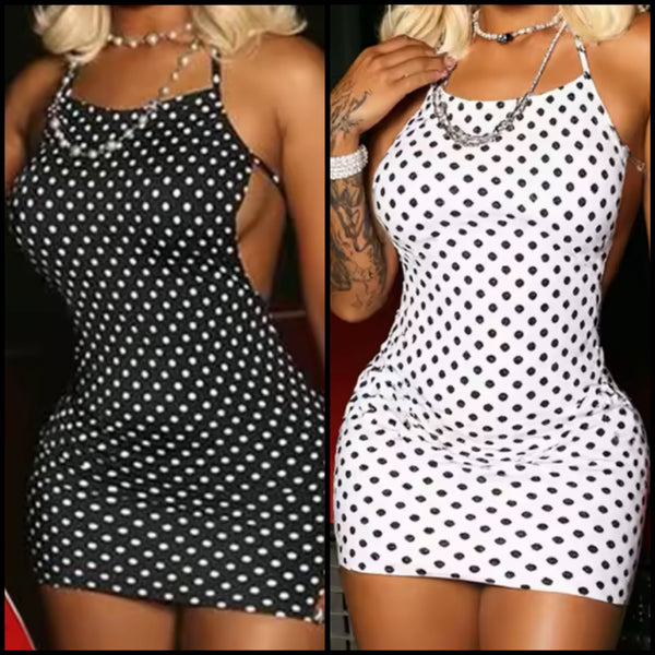 Women Sexy Halter Open Back Polka Dot B&W Dress