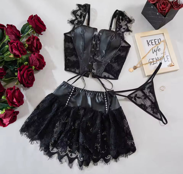 Women Sexy Black Bling PU Lace Lingerie Set