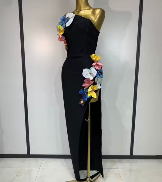 Women Sexy Strapless Black Floral Side Split Maxi Dress