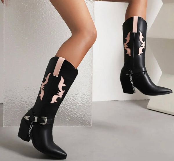 Women Fashion Faux Leather Color Patchwork Chain Western Boots