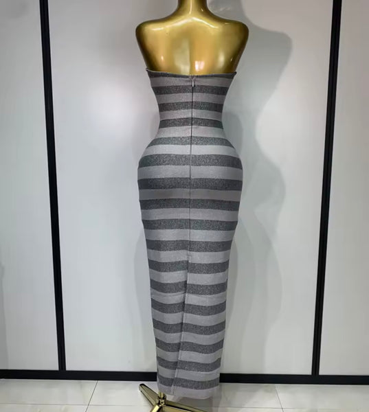 Women Sexy Strapless Gray Striped Bandage Maxi Dress
