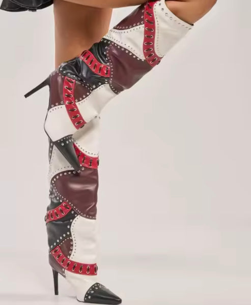 Women Fashion Pointed Toe Color Patchwork Knee High Boots