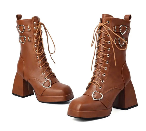 Women Fashion Heart Lace Up Platform Ankle Boots
