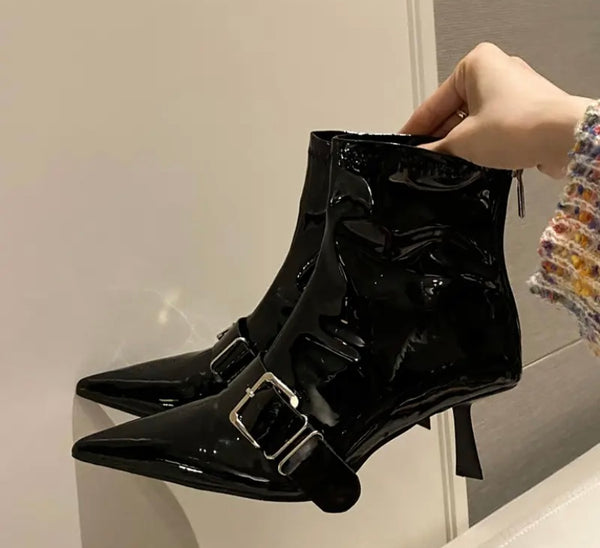 Women Fashion Pointed Toe Buckled Patent Leather Ankle Boots